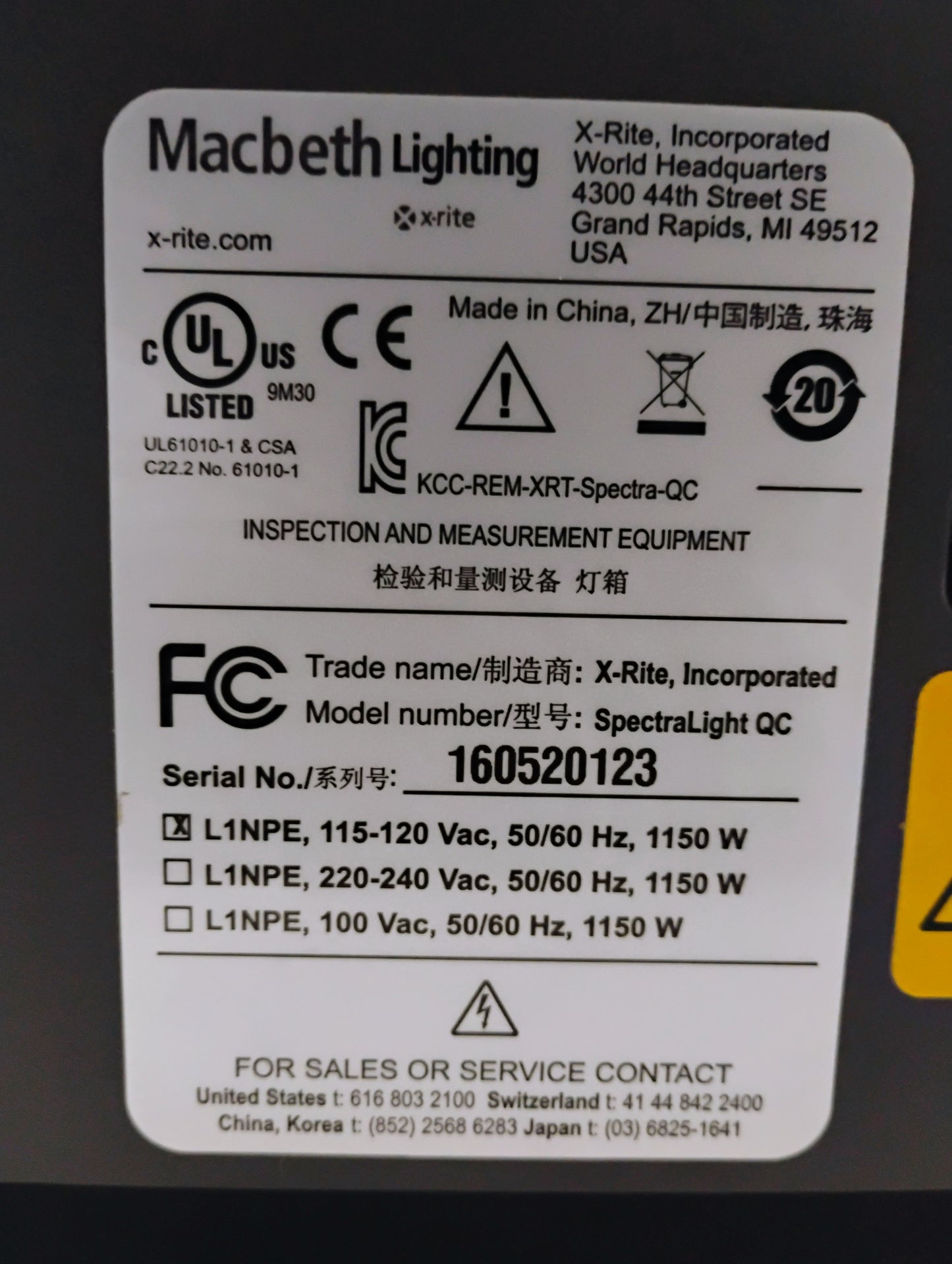 X-rite Pantone MacBeth SpectraLight QC Lighting Unit L1NPE