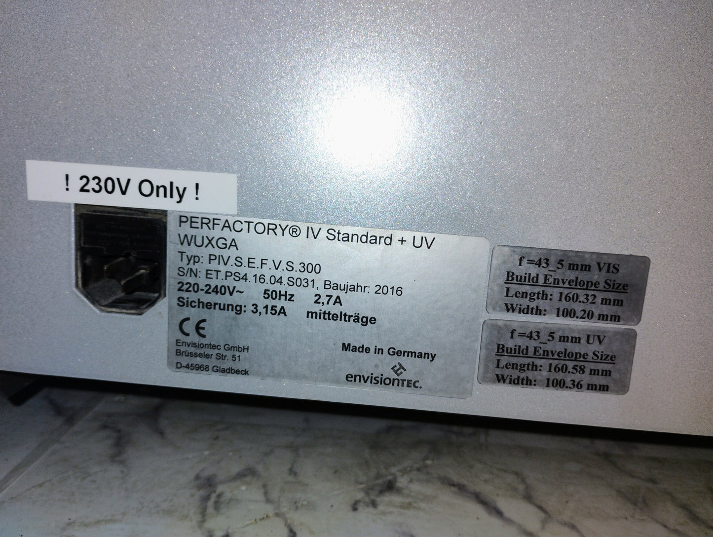 EnvisionTEC Perfactory 4 Standard + UV PIV.S.E.F.V.S.300 Resin 3D
